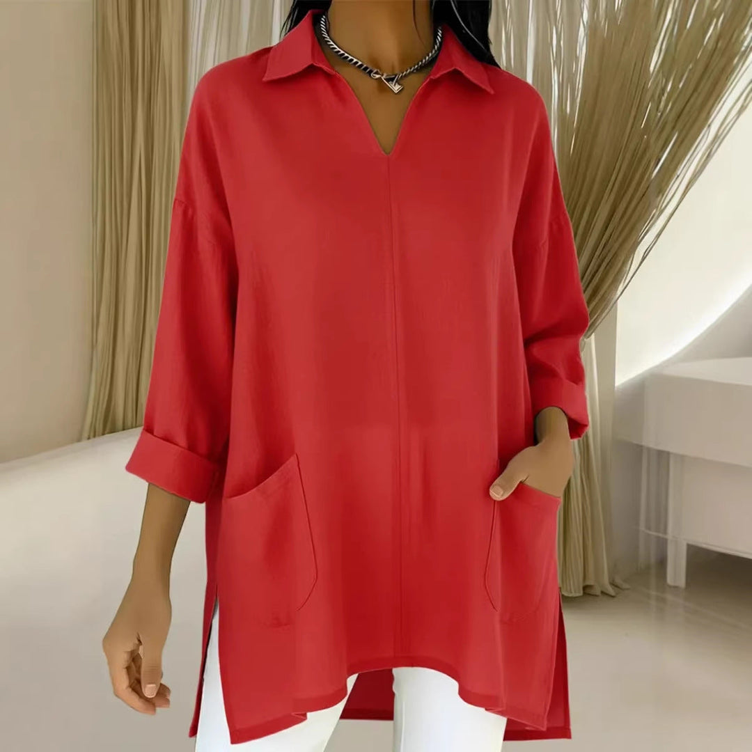Women's long sleeve blouse with elegant V-neckline and practical pockets Lune London