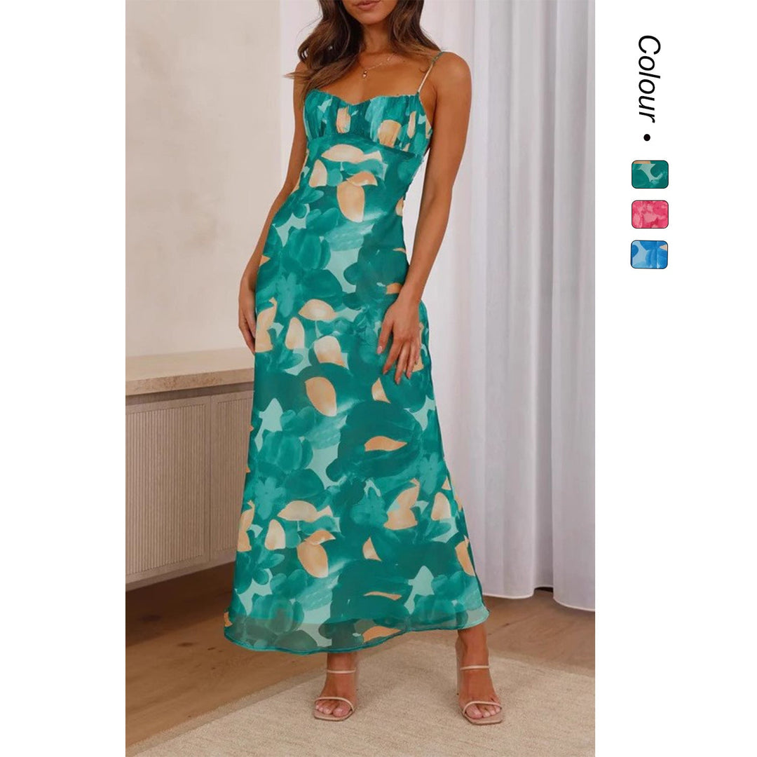 Women's maxi dress with floral watercolor design and adjustable straps