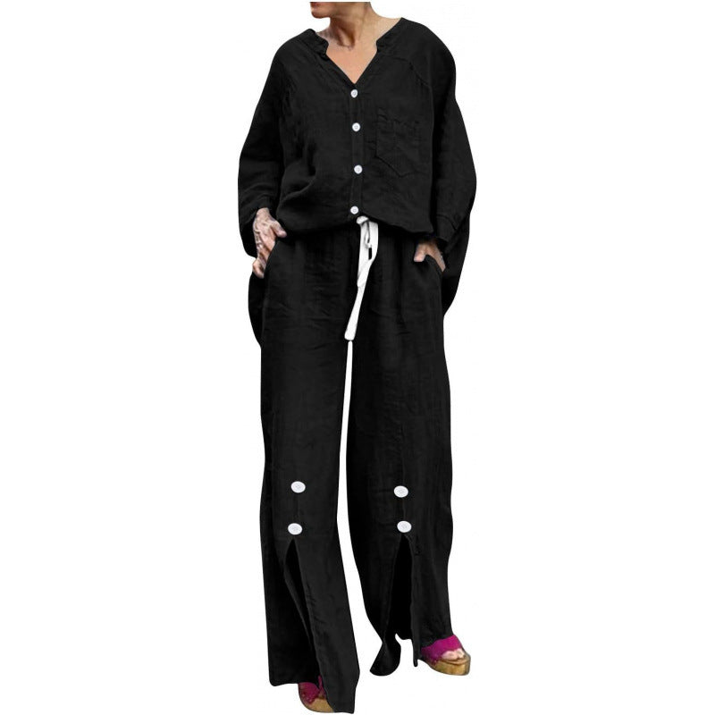 Women Casual Two-Piece Linen Set with Button Closure and Side Slits Lune London