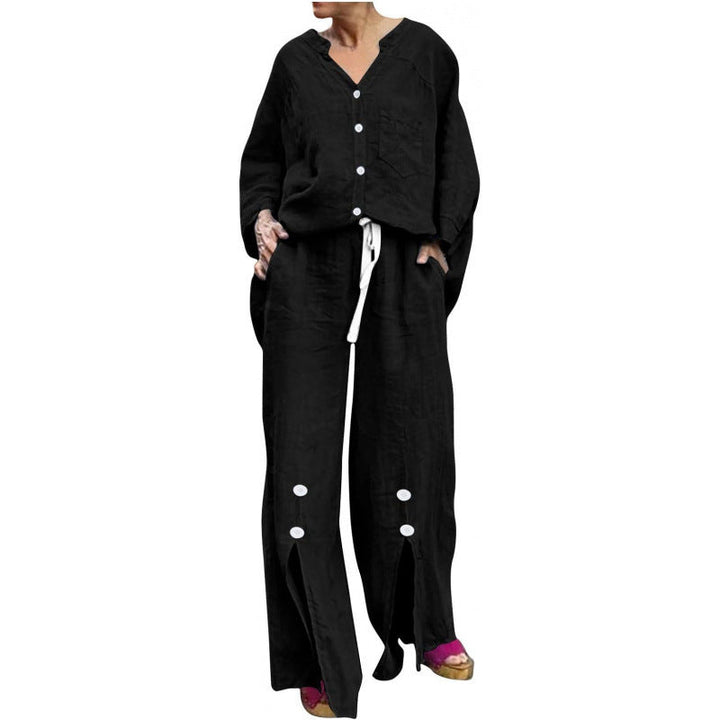 Women Casual Two-Piece Linen Set with Button Closure and Side Slits Lune London