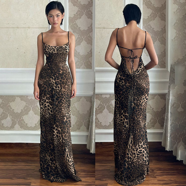 Ladies Elegant Maxi Dress Leopard Print Backless Chic and Style