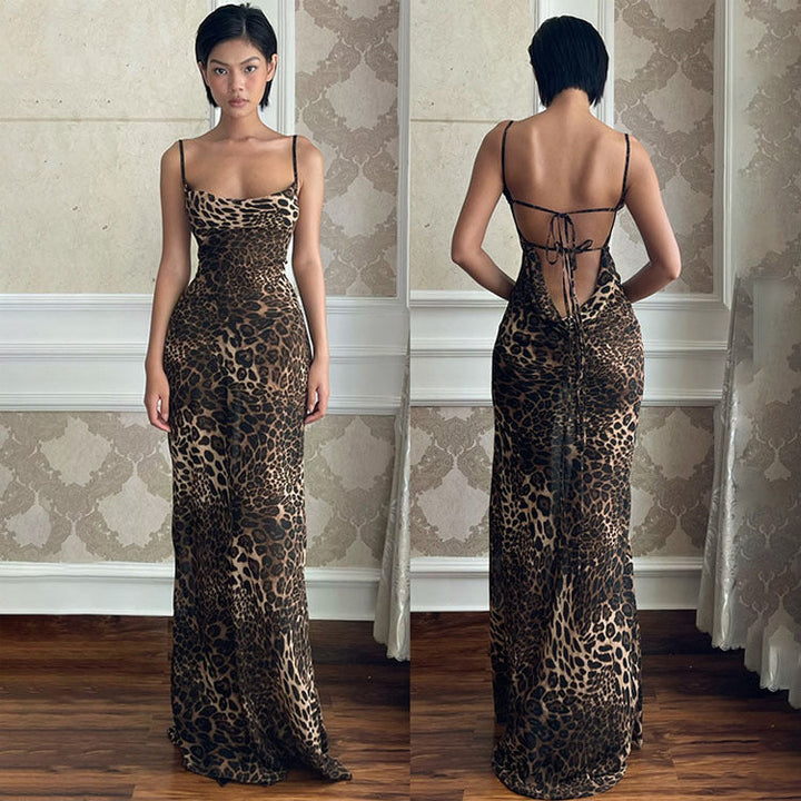 Ladies Elegant Maxi Dress Leopard Print Backless Chic and Style