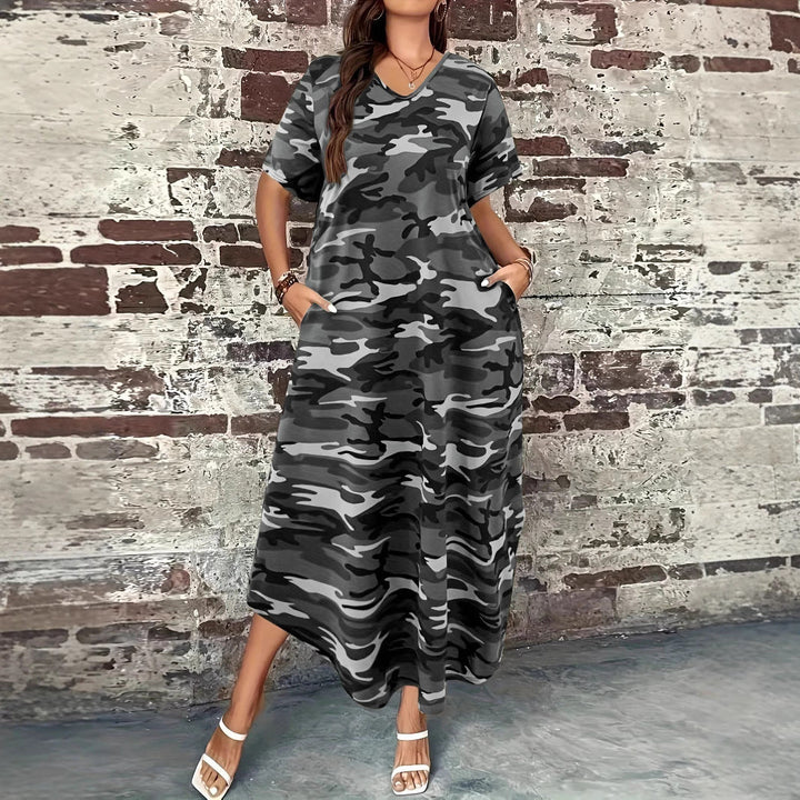 Maxi dress for women with a modern camouflage design and practical pockets Lune London