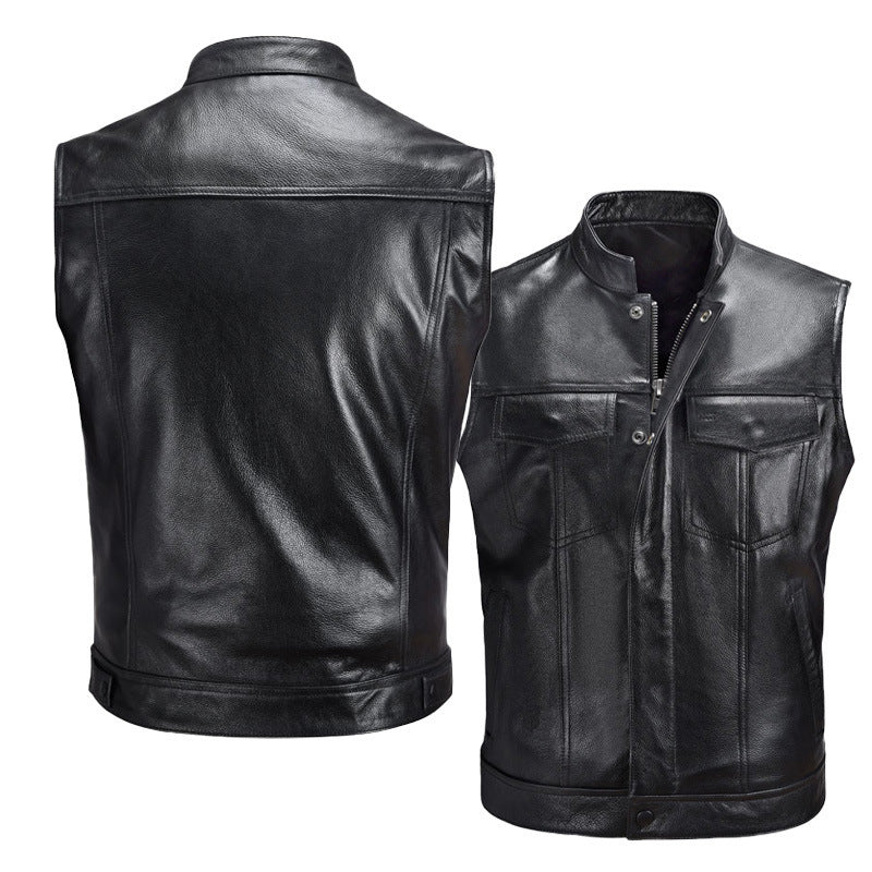 Leather gilet for men with bellows pockets and modern stand-up collar Lune London