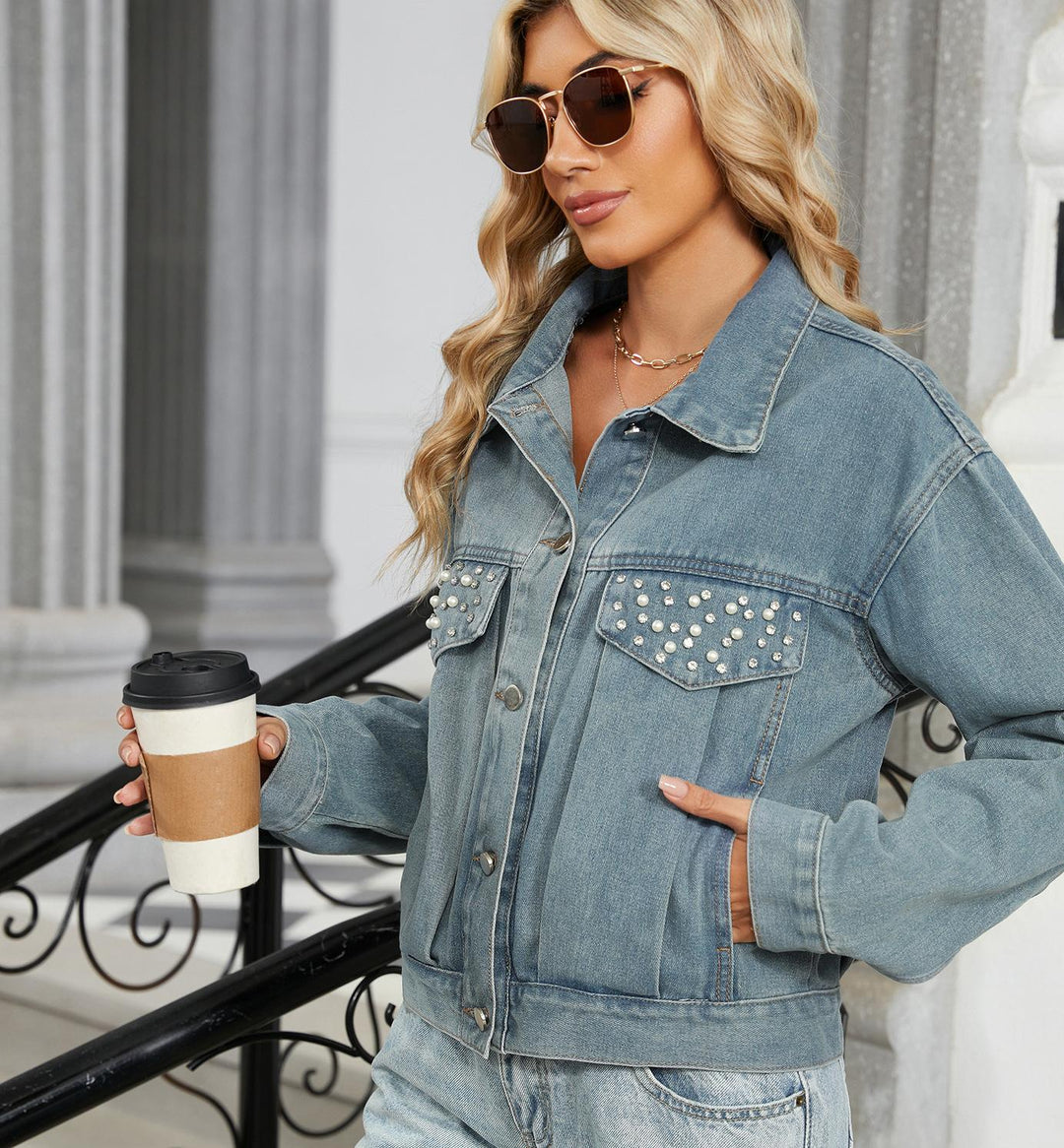 Denim jacket for women with sparkling rhinestones and a modern cut Lune London