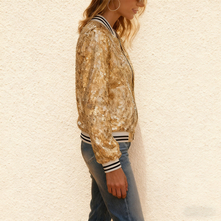 Women Glittering Sequin Bomber Jacket with Contrasting Stripes Lune London