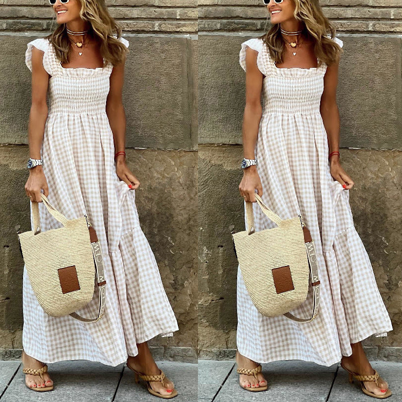 Checked maxi dress for women with frill hems Lune London