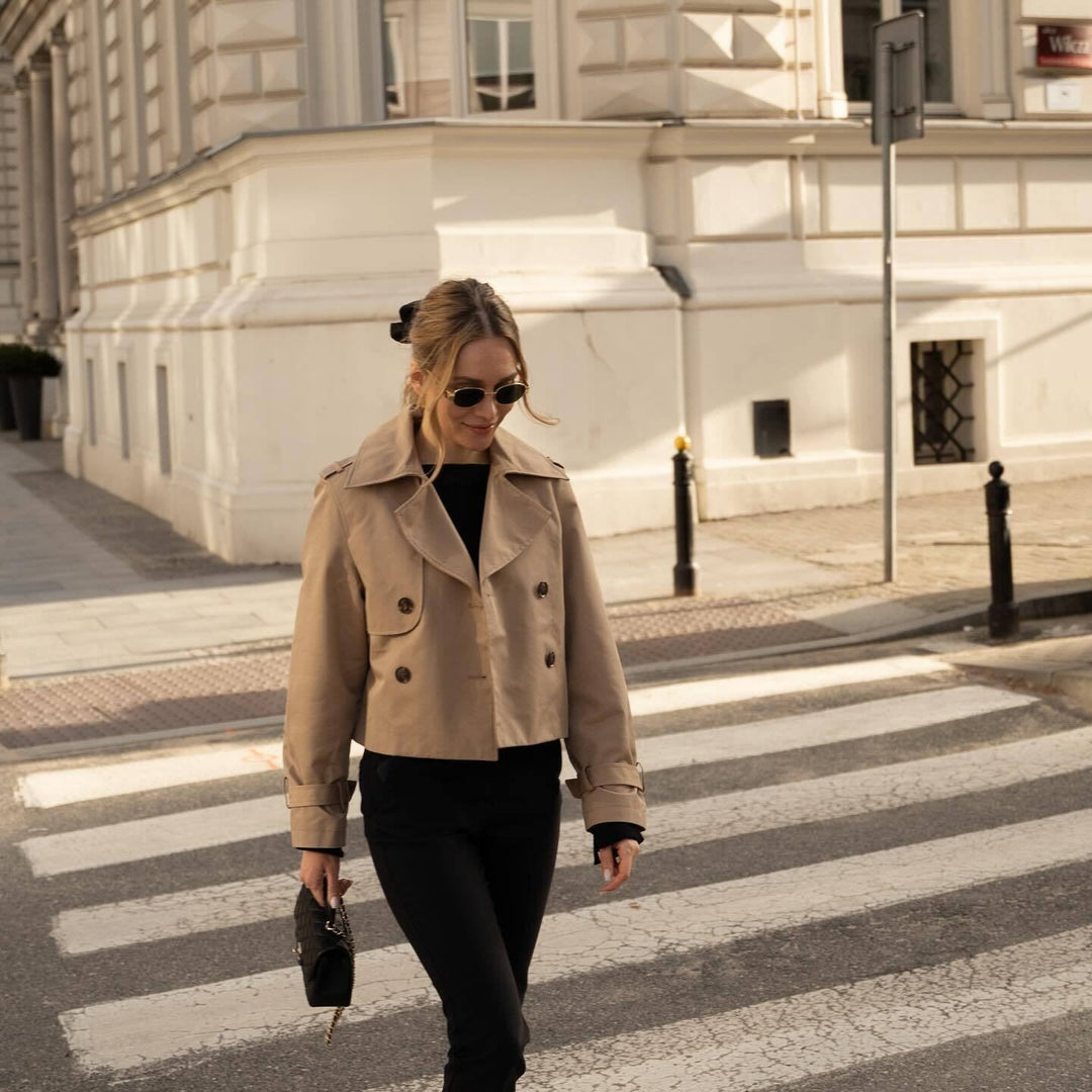 Lune London double-breasted short trench coat for women
