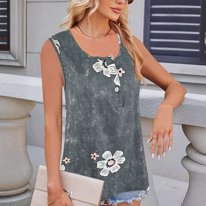 Women's Sleeveless Floral Top with Button Placket and Soft Fabric Lune London