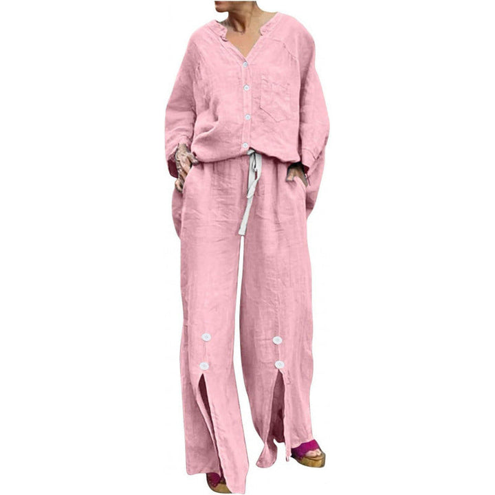 Women Casual Two-Piece Linen Set with Button Closure and Side Slits Lune London