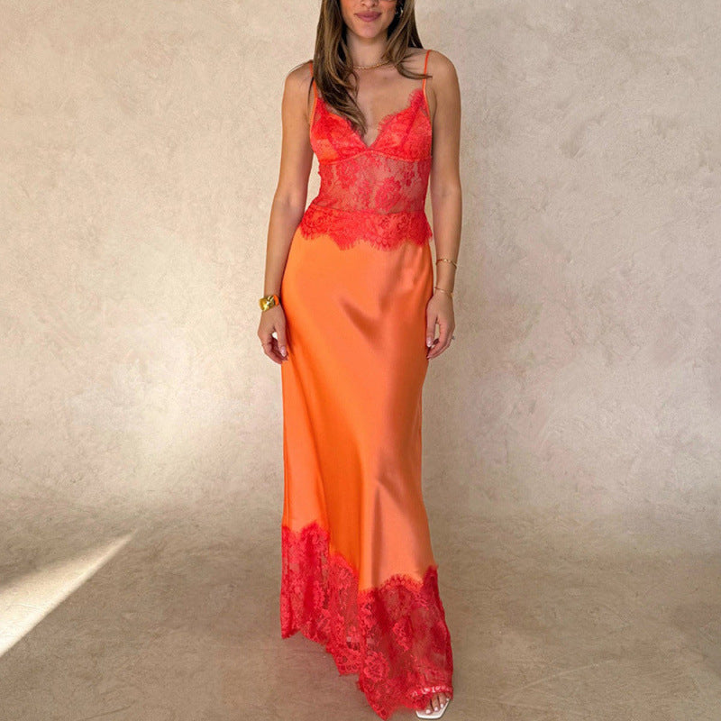 Women's Elegant Nightgown with Transparent Lace Insert and Adjustable Straps Lune London