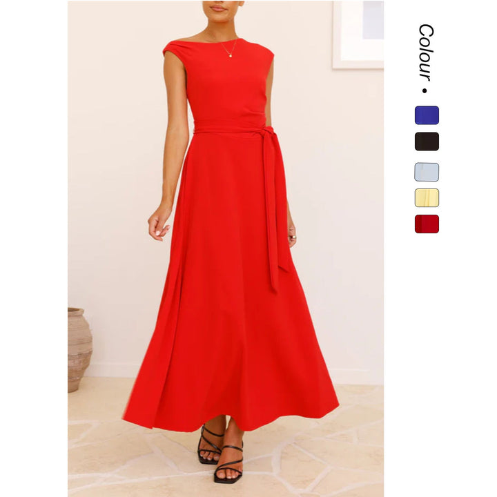 Women's maxi dress with a chic asymmetrical neckline and elegant bow