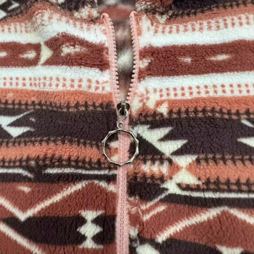 Ladies comfortable fleece jacket with a modern Aztec pattern Lune London
