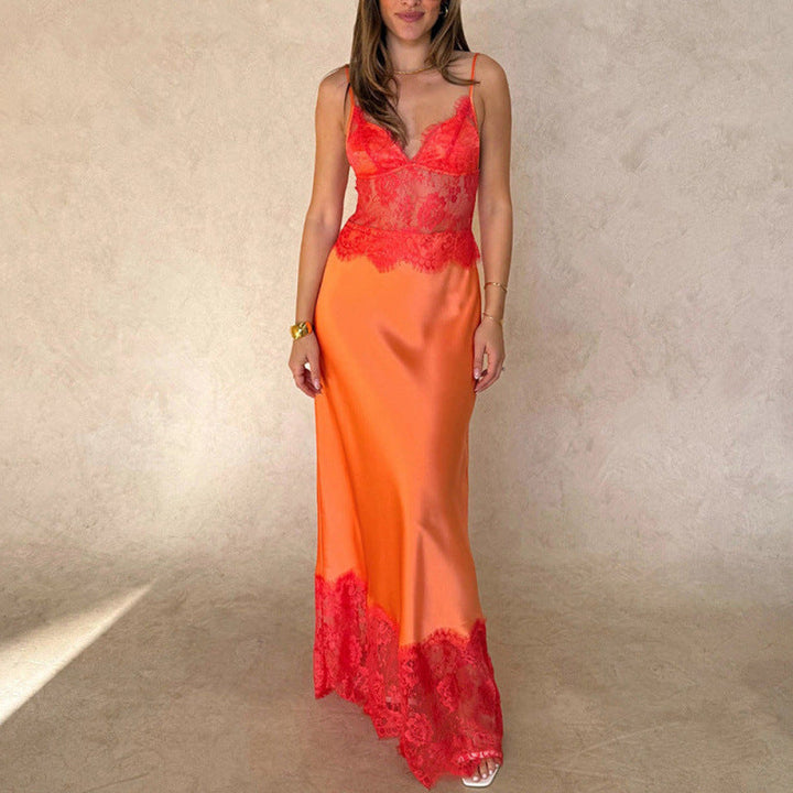 Women's Elegant Nightgown with Transparent Lace Insert and Adjustable Straps Lune London