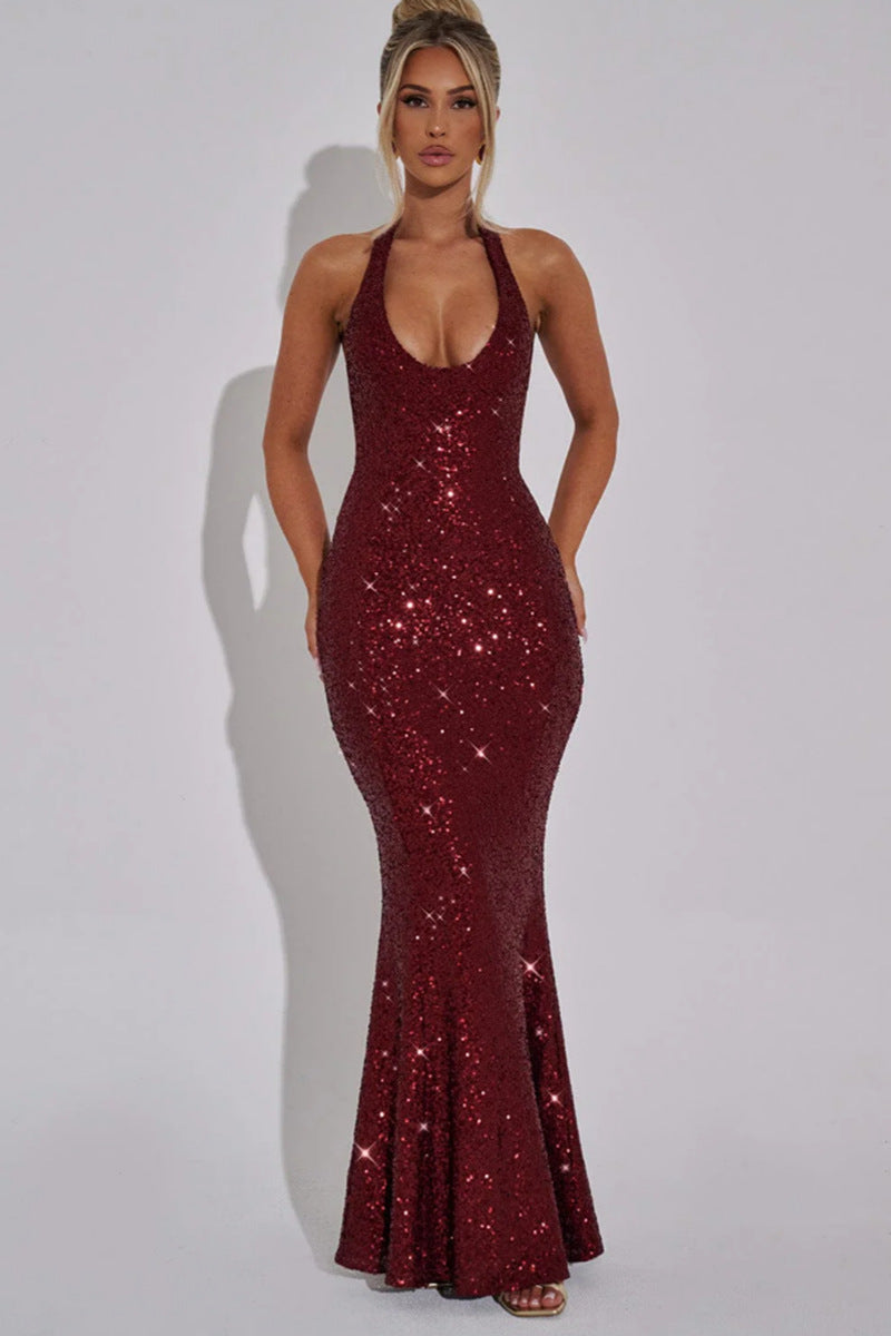Women's Glamorous Sequin Maxi Dress with Deep V-Neck and Slim Fit
