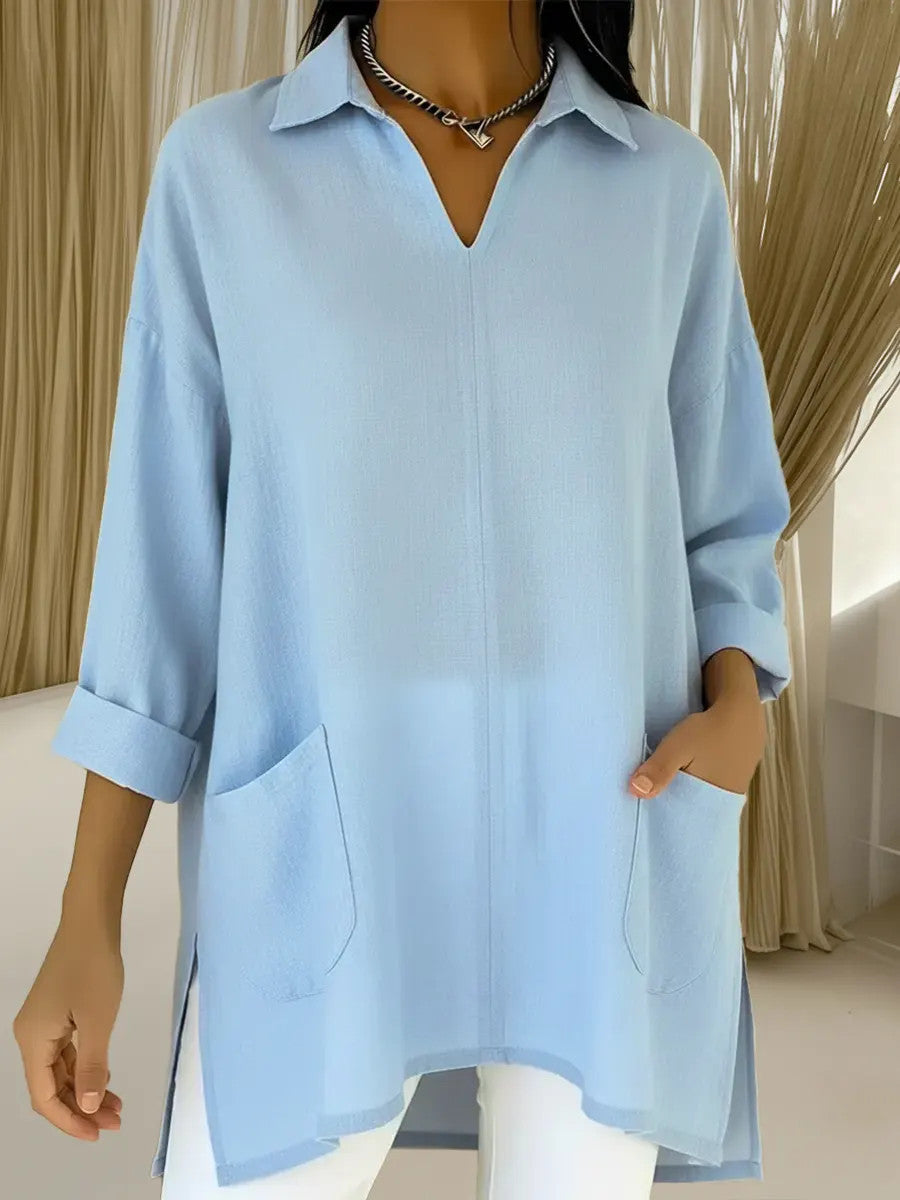 Women's long sleeve blouse with elegant V-neckline and practical pockets Lune London