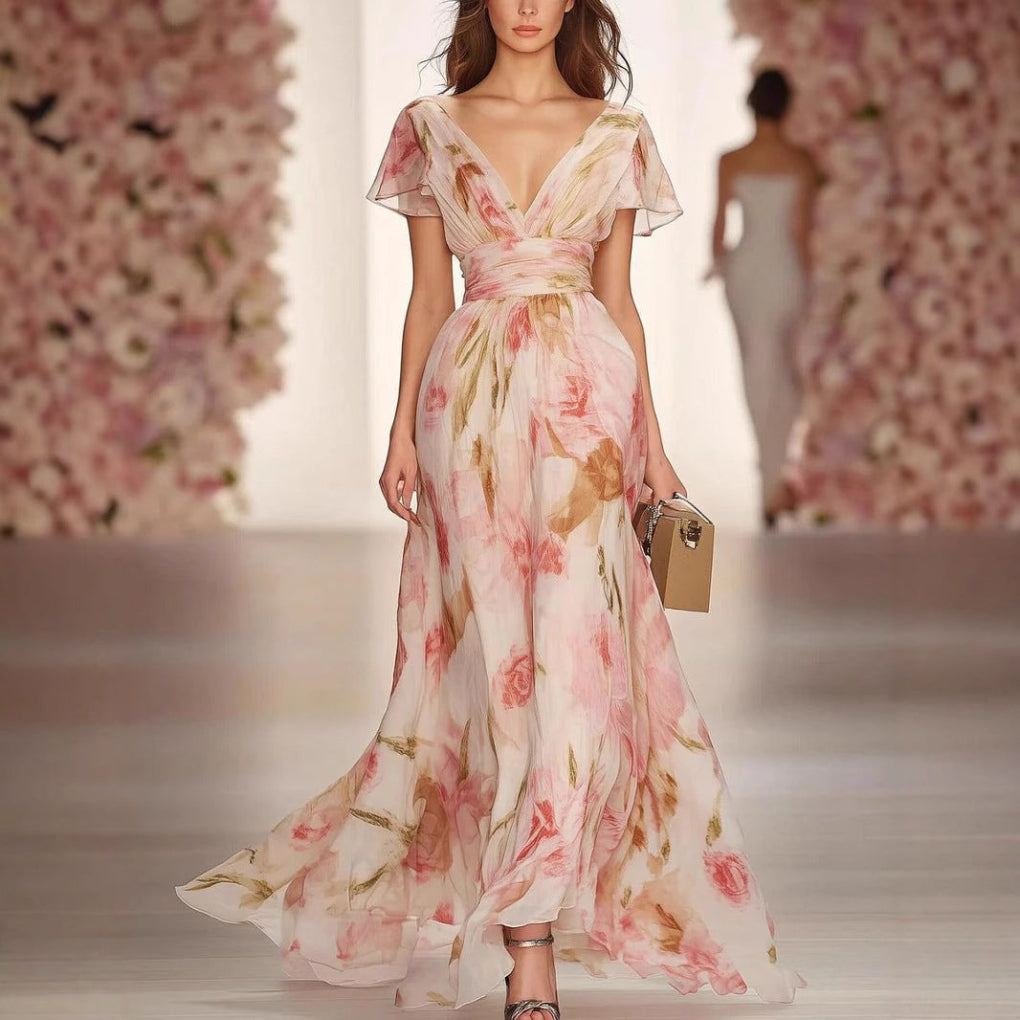 Flutter Sleeve Fit and Flare Maxi Dress