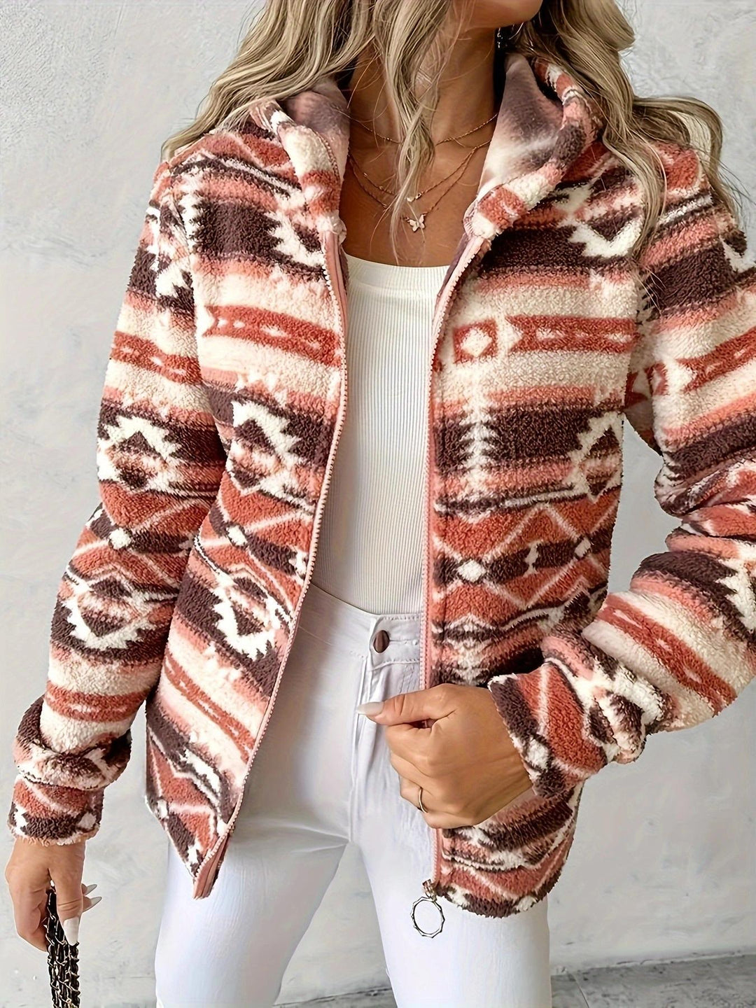 Ladies comfortable fleece jacket with a modern Aztec pattern Lune London