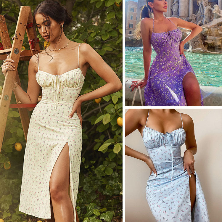 Maxi dress for women with floral pattern and adjustable tie front Lune London