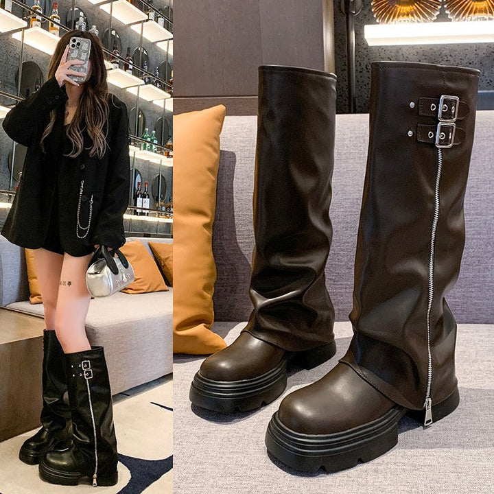 Over-knee women's boots with zipper and adjustable strap Lune London