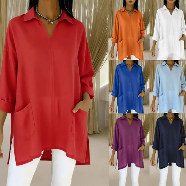 Women's long sleeve blouse with elegant V-neckline and practical pockets Lune London