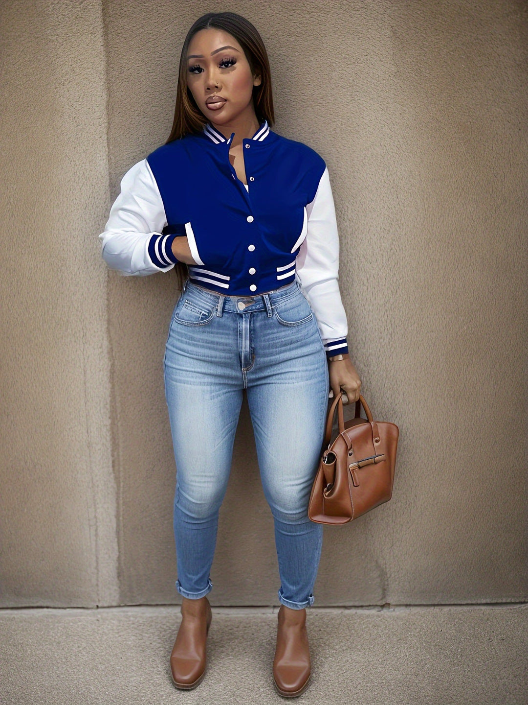 Women's college jacket with contrasting sleeves and a structured collar Lune London