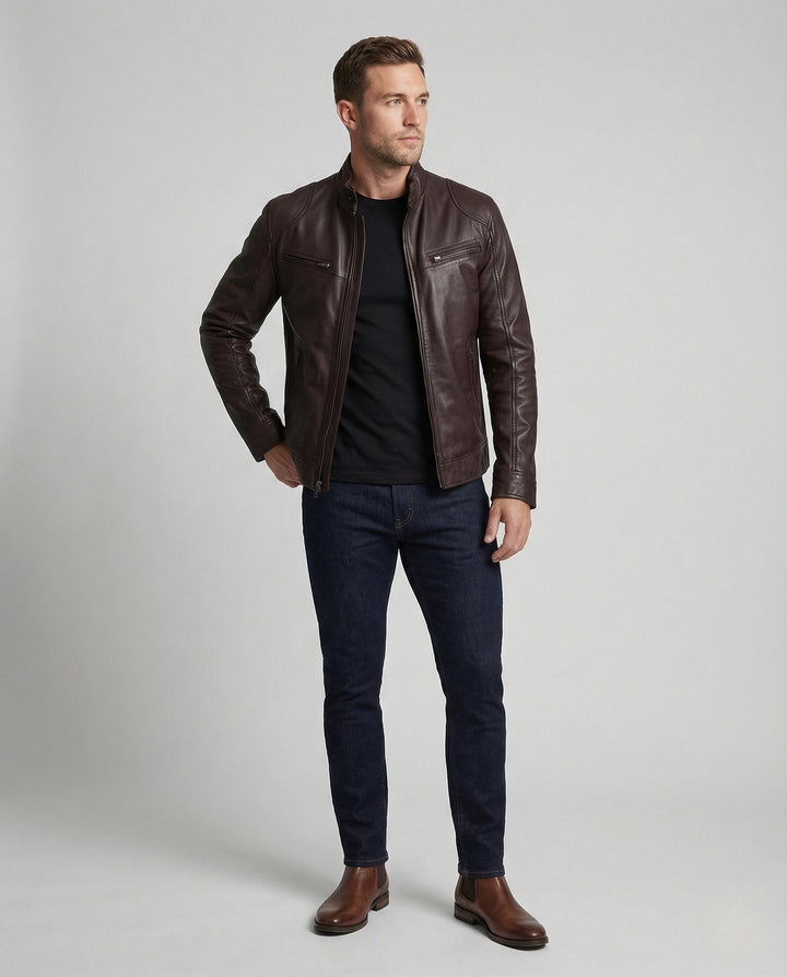Men's Nappa Leather Motorcycle Jacket with Stand-up Collar