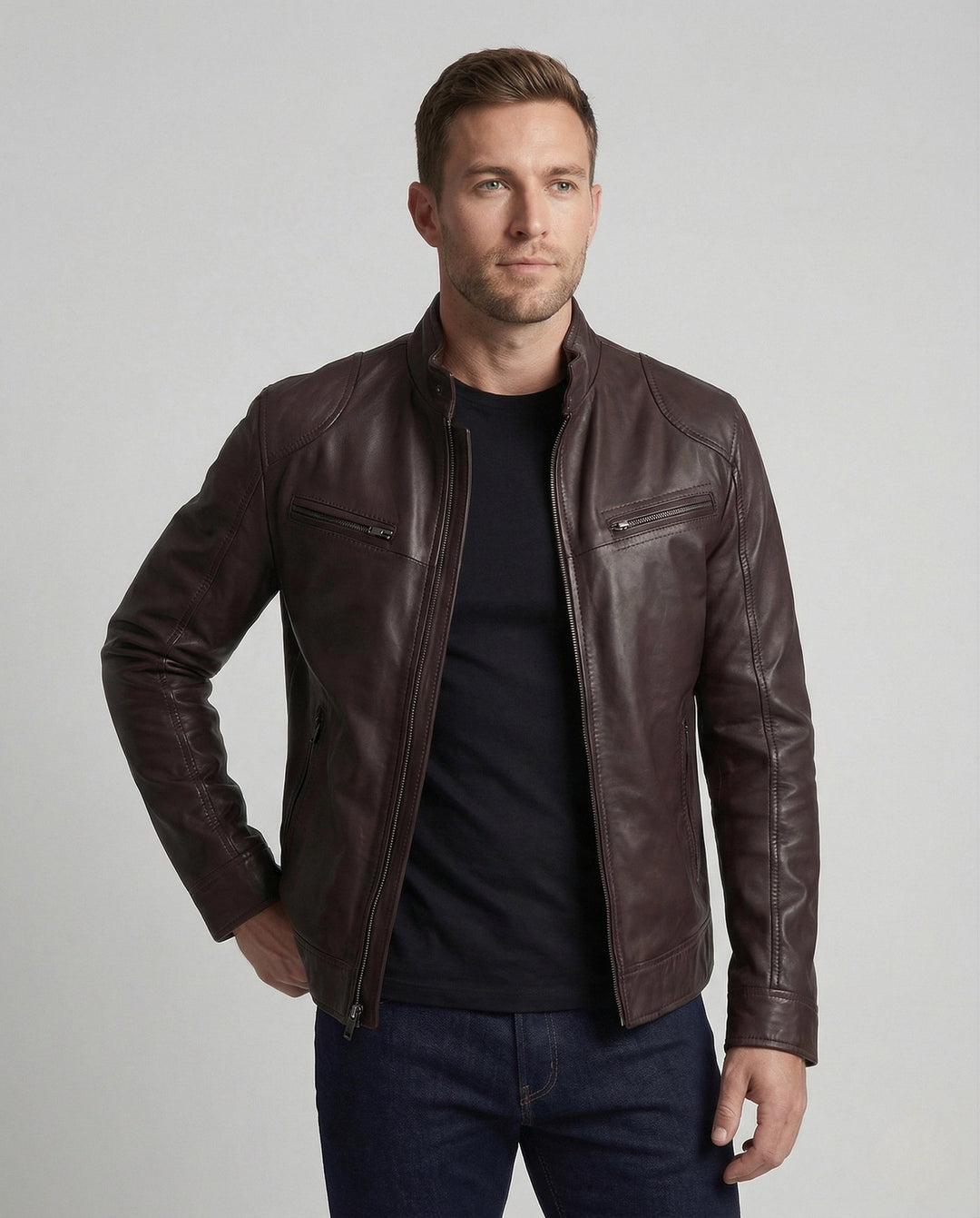 Men's Nappa Leather Motorcycle Jacket with Stand-up Collar