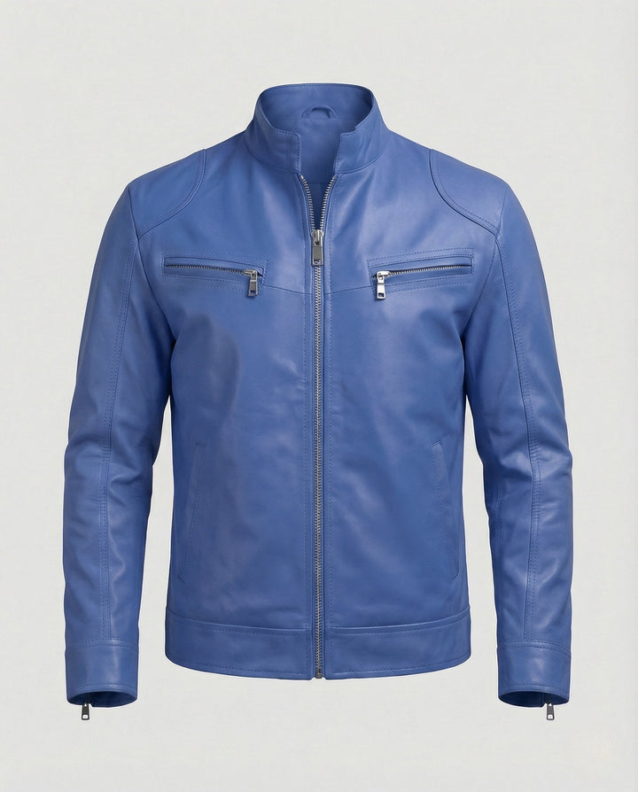 Men's Nappa Leather Motorcycle Jacket with Stand-up Collar
