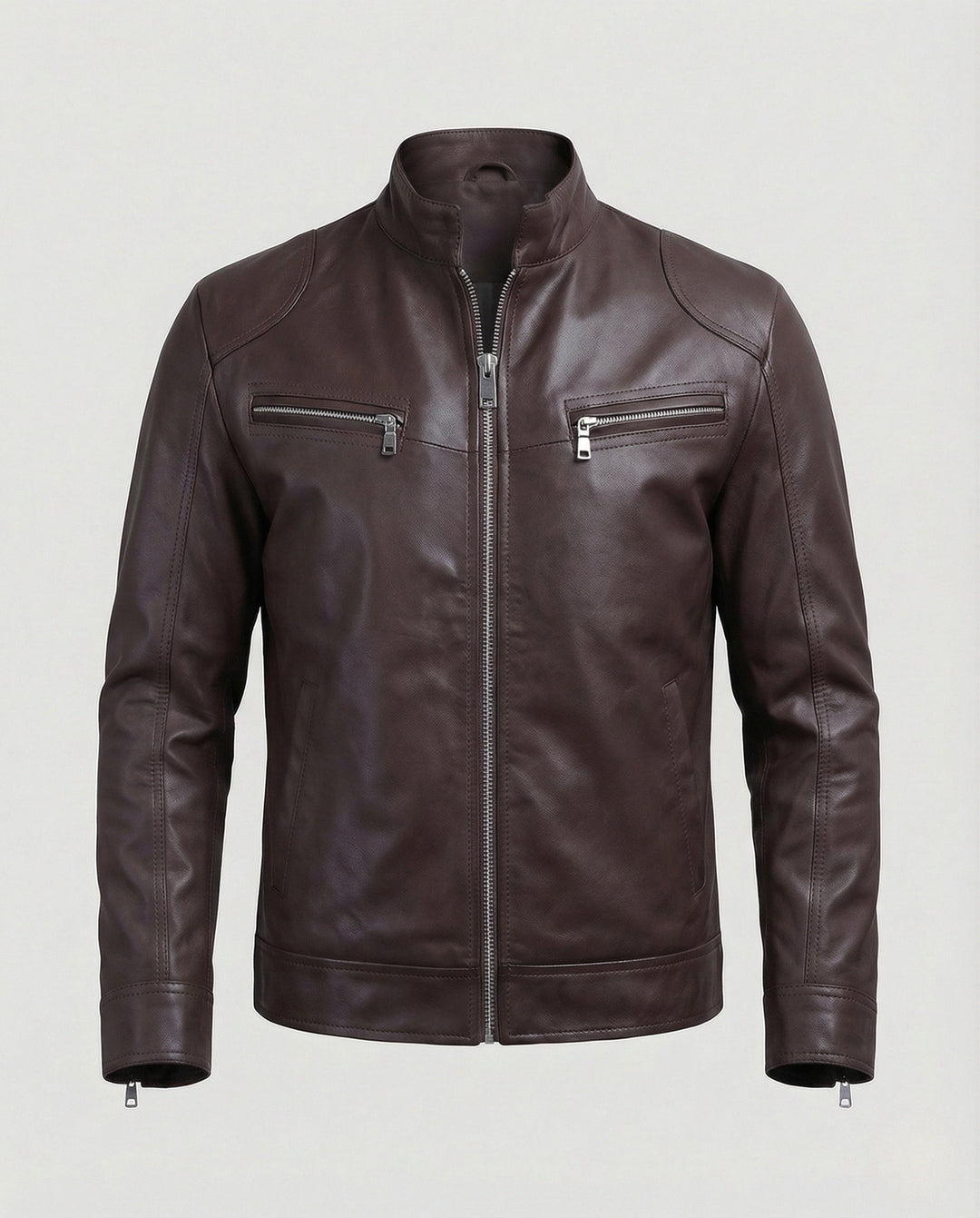 Men's Nappa Leather Motorcycle Jacket with Stand-up Collar