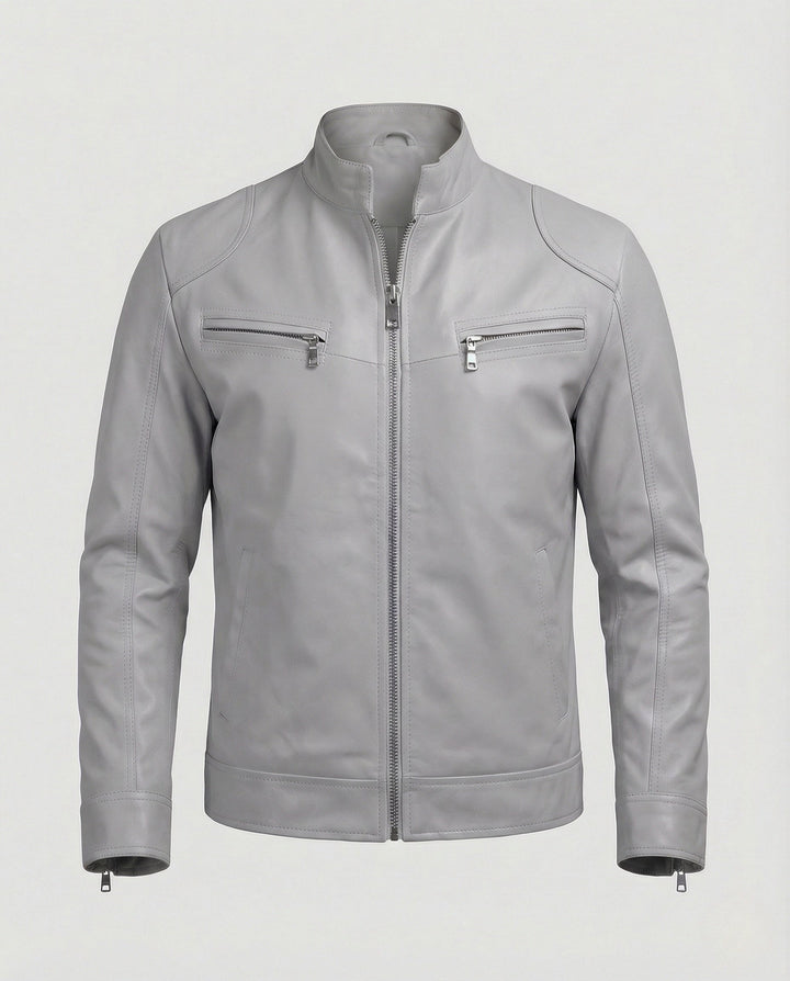 Men's Nappa Leather Motorcycle Jacket with Stand-up Collar