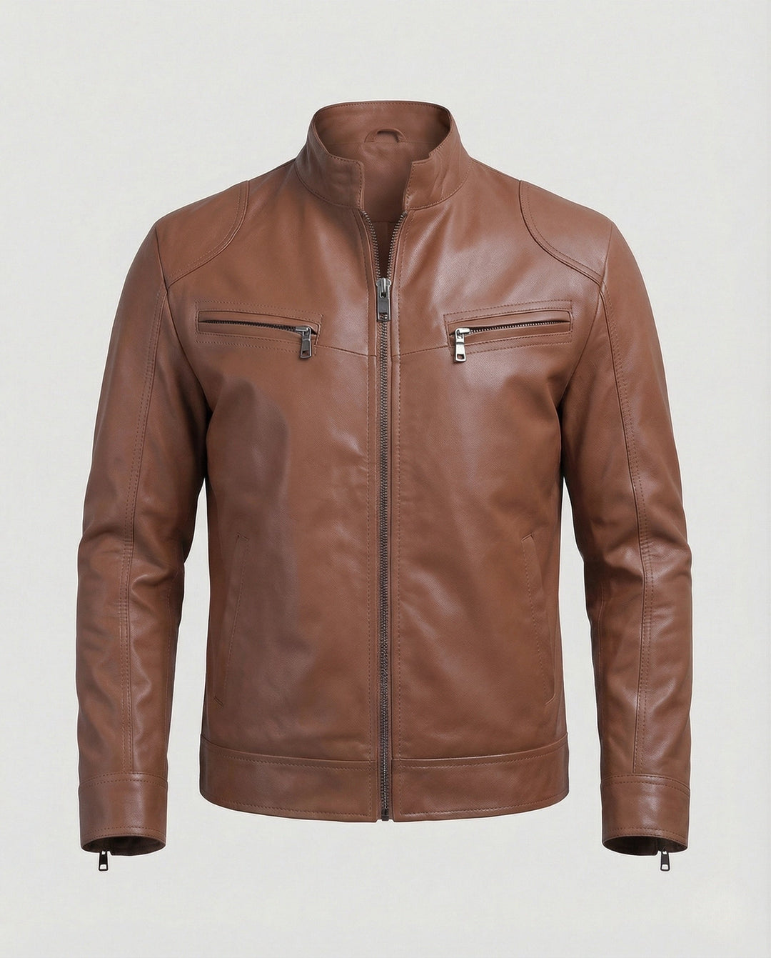 Men's Nappa Leather Motorcycle Jacket with Stand-up Collar