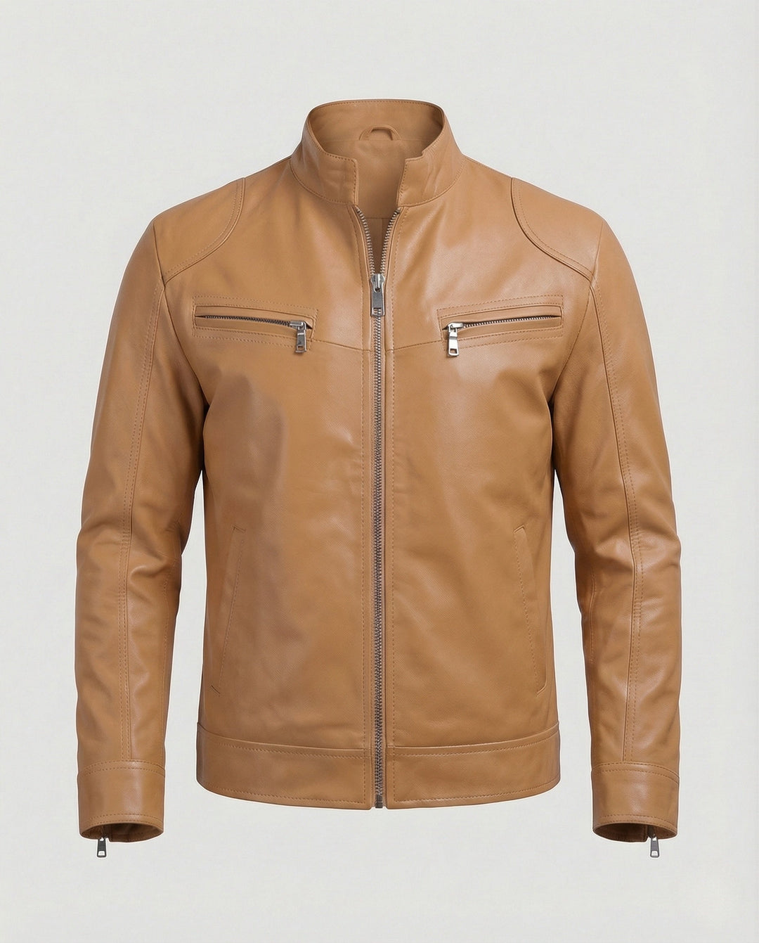 Men's Nappa Leather Motorcycle Jacket with Stand-up Collar