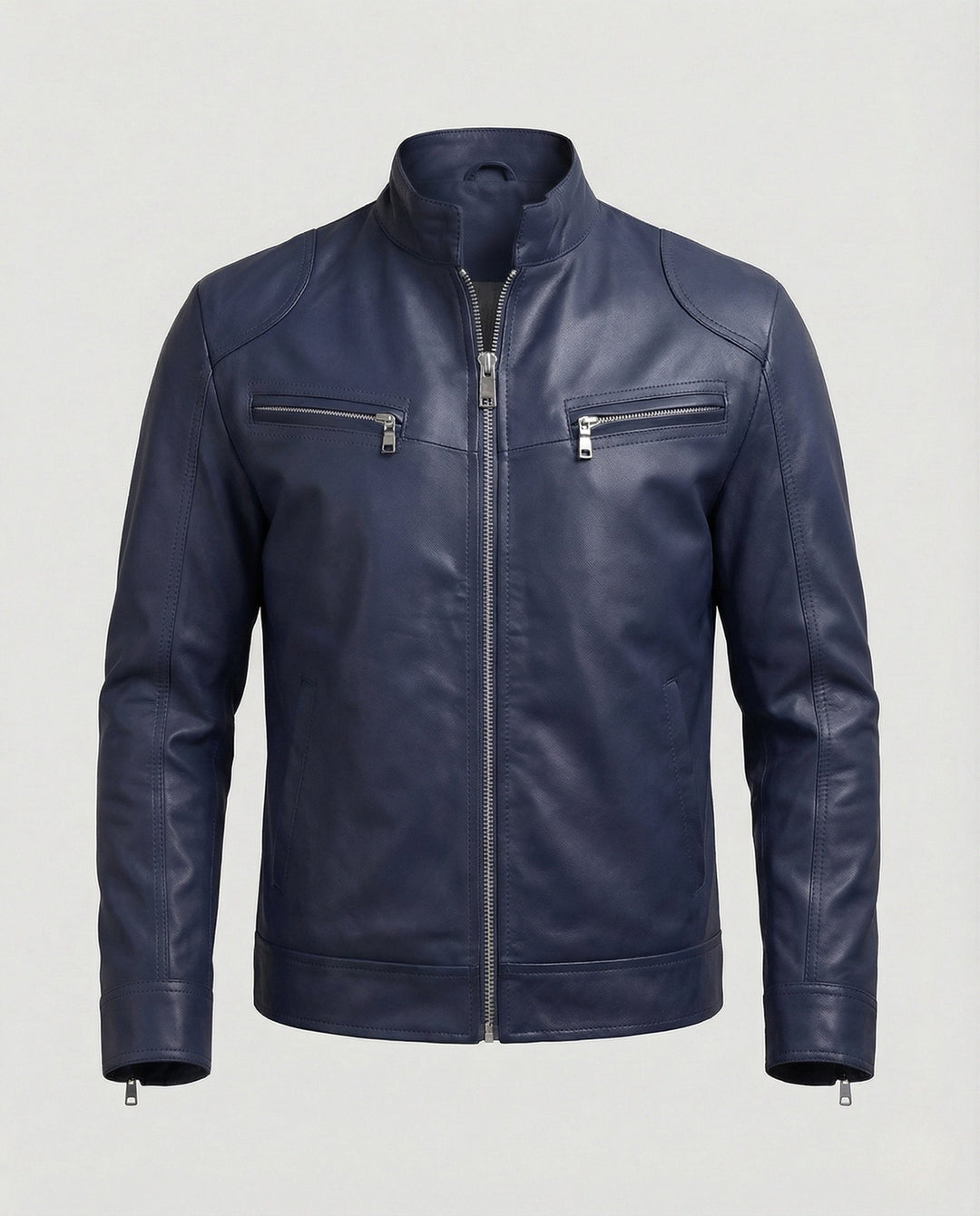 Men's Nappa Leather Motorcycle Jacket with Stand-up Collar