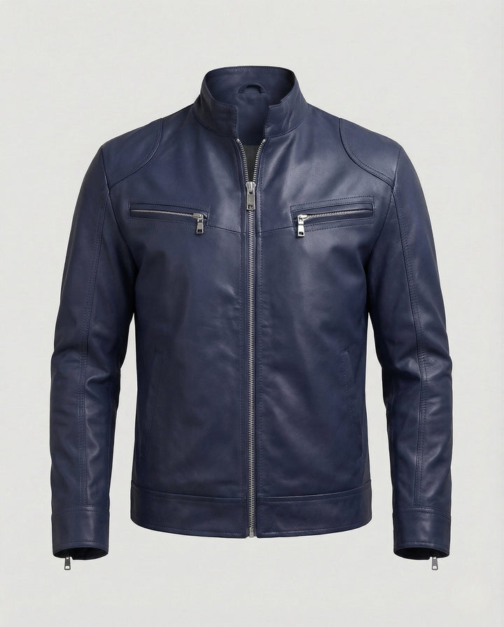 Men's Nappa Leather Motorcycle Jacket with Stand-up Collar
