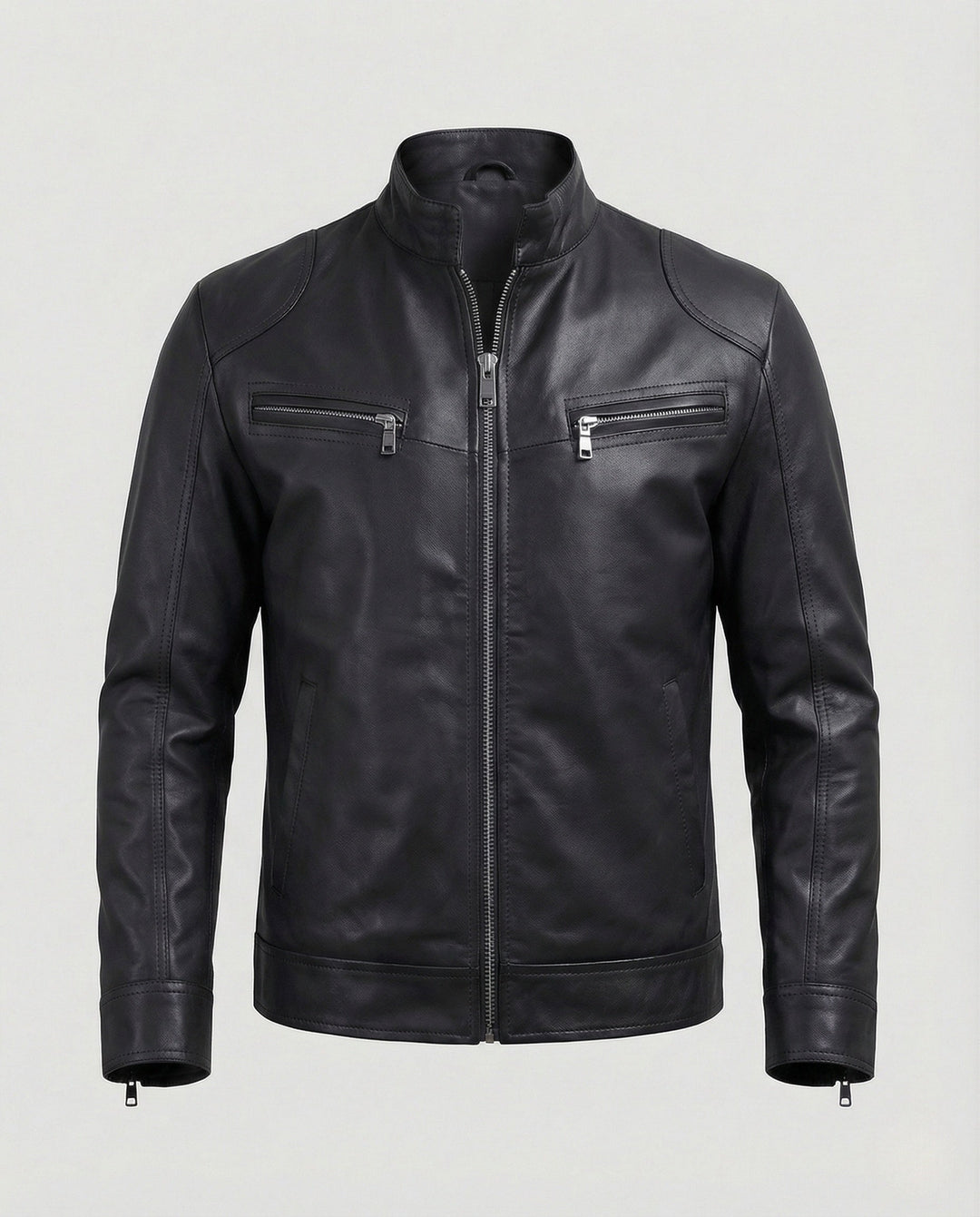 Men's Nappa Leather Motorcycle Jacket with Stand-up Collar