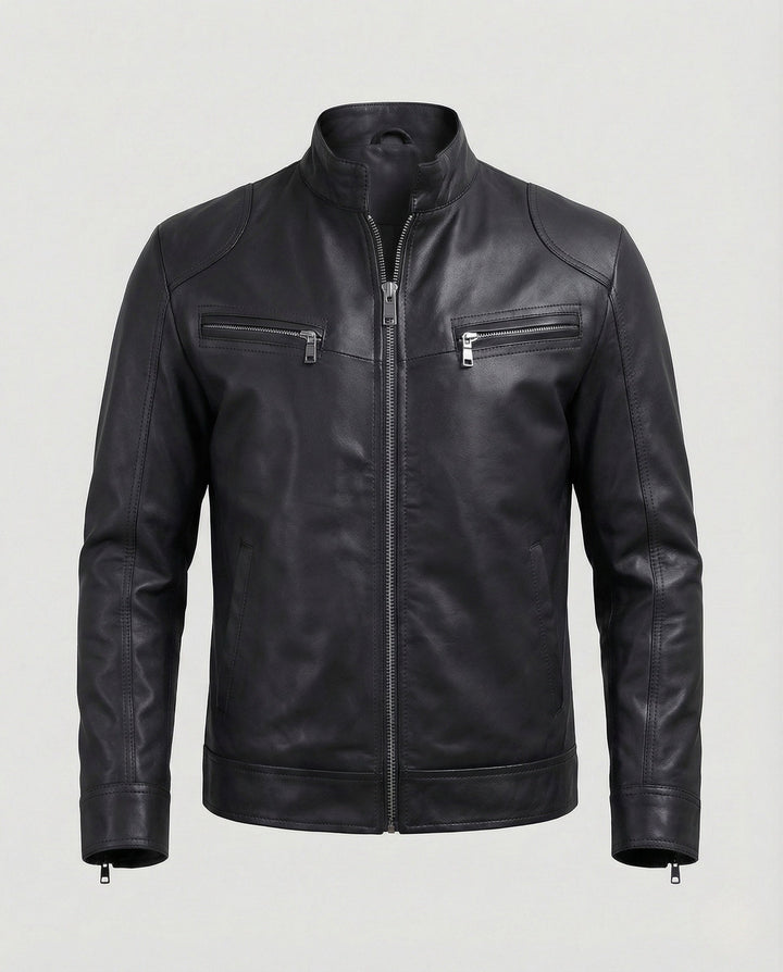 Men's Nappa Leather Motorcycle Jacket with Stand-up Collar