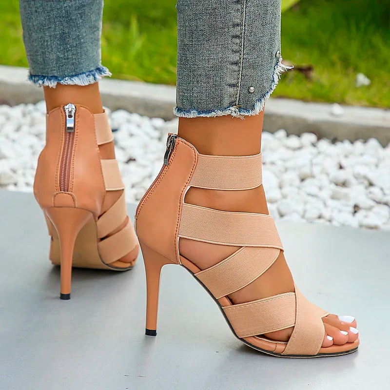 Women's Stiletto Heels with Stretchy Crossover Straps and Back Zip