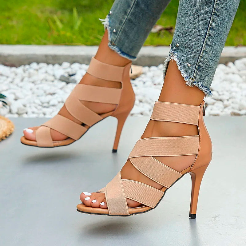 Women's Stiletto Heels with Stretchy Crossover Straps and Back Zip