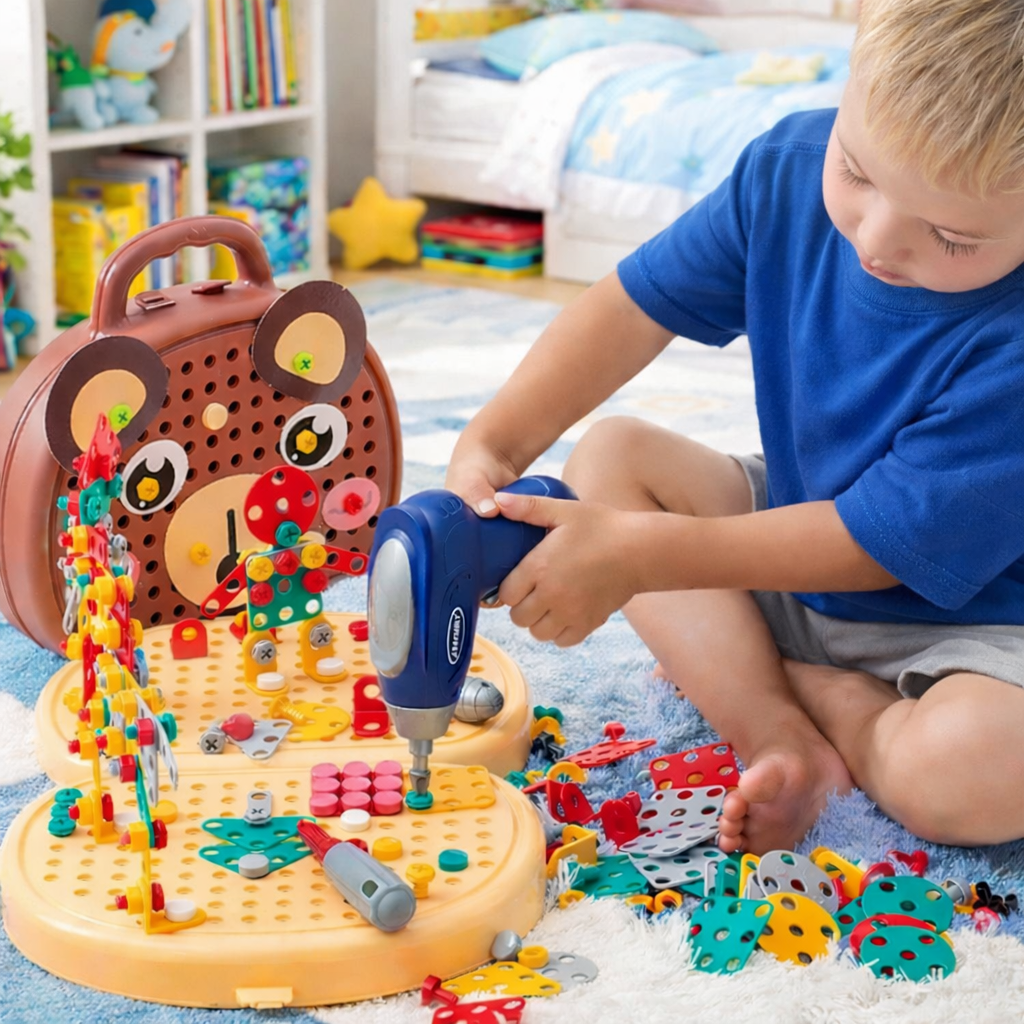 Montessori toolbox set for children with toy drill, 204 pieces