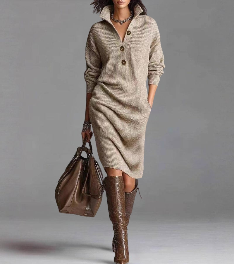 Women's Winter Knitted Dress with Button-Up Collar, Long Sleeves and Side Pockets