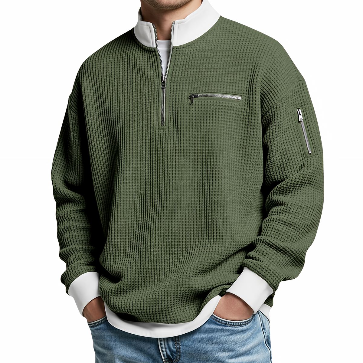 Men's waffle-knit jumper with 1/4 zip at the collar