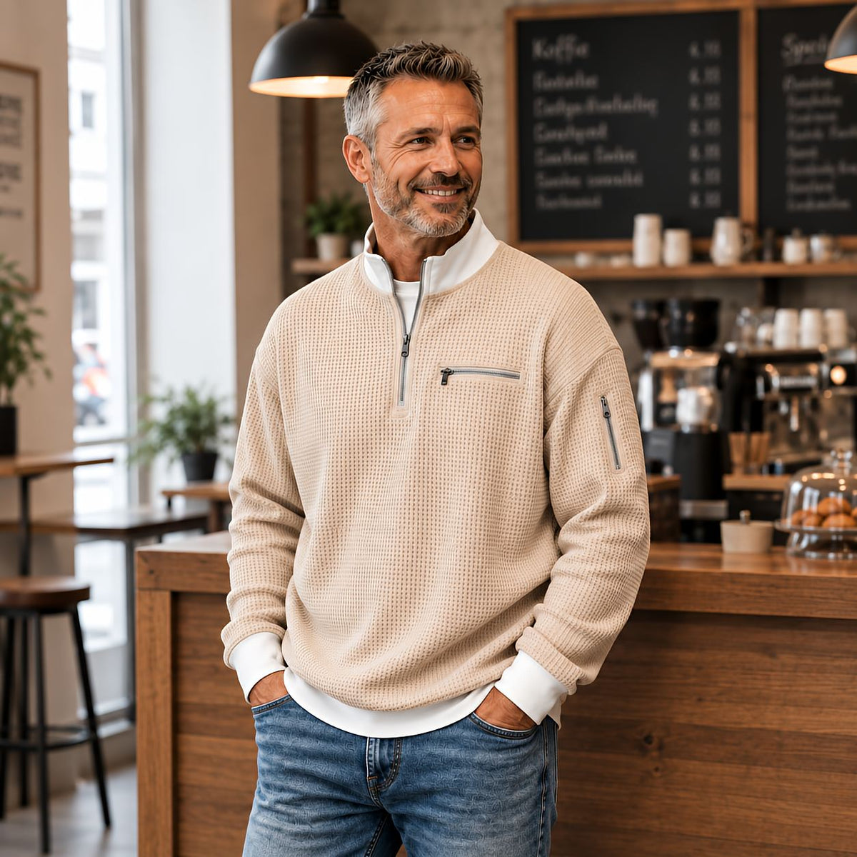 Men's waffle-knit jumper with 1/4 zip at the collar