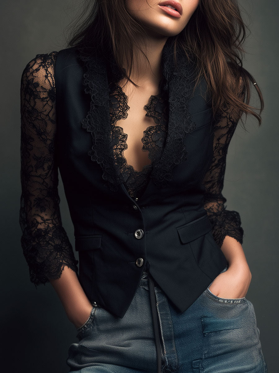 Women's Lace-Trim Blazer Blouse – Elegant Evening Top