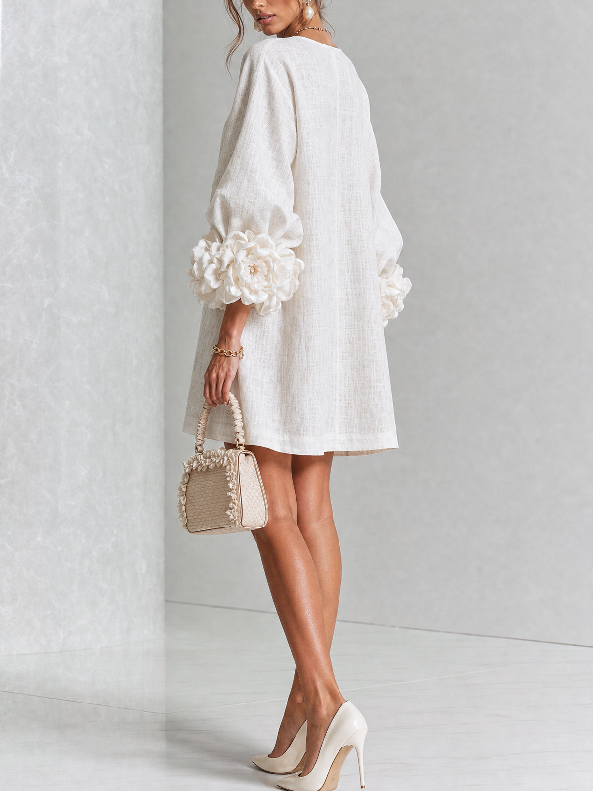 Women's Linen Tunic Mini Dress with Long Puff Sleeves
