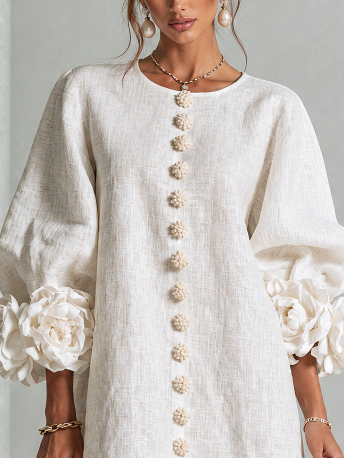 Women's Linen Tunic Mini Dress with Long Puff Sleeves