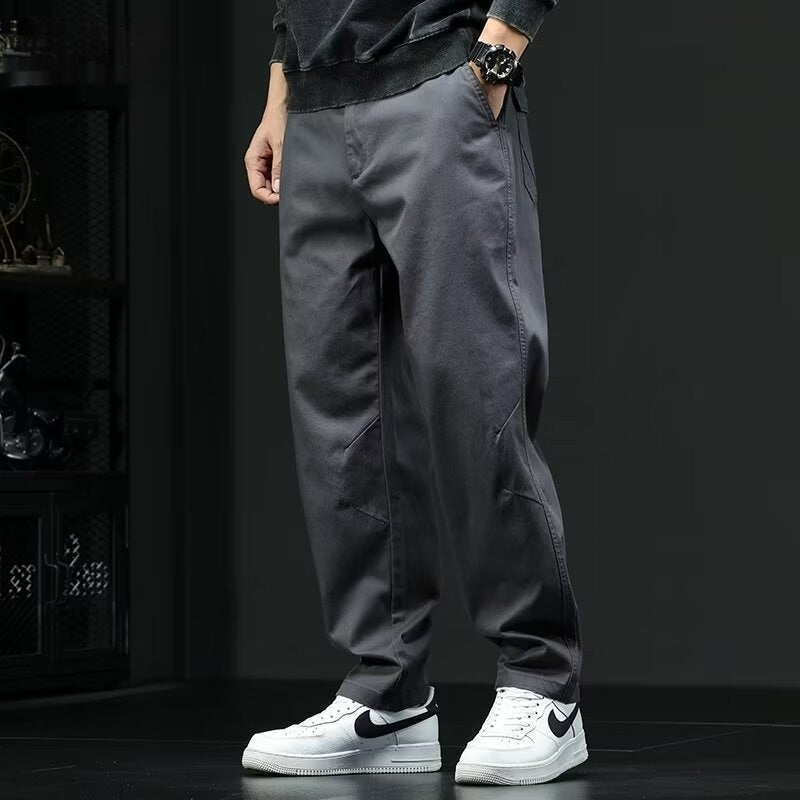 Men's Loose Straight Trousers with Mid Rise and Solid Colour
