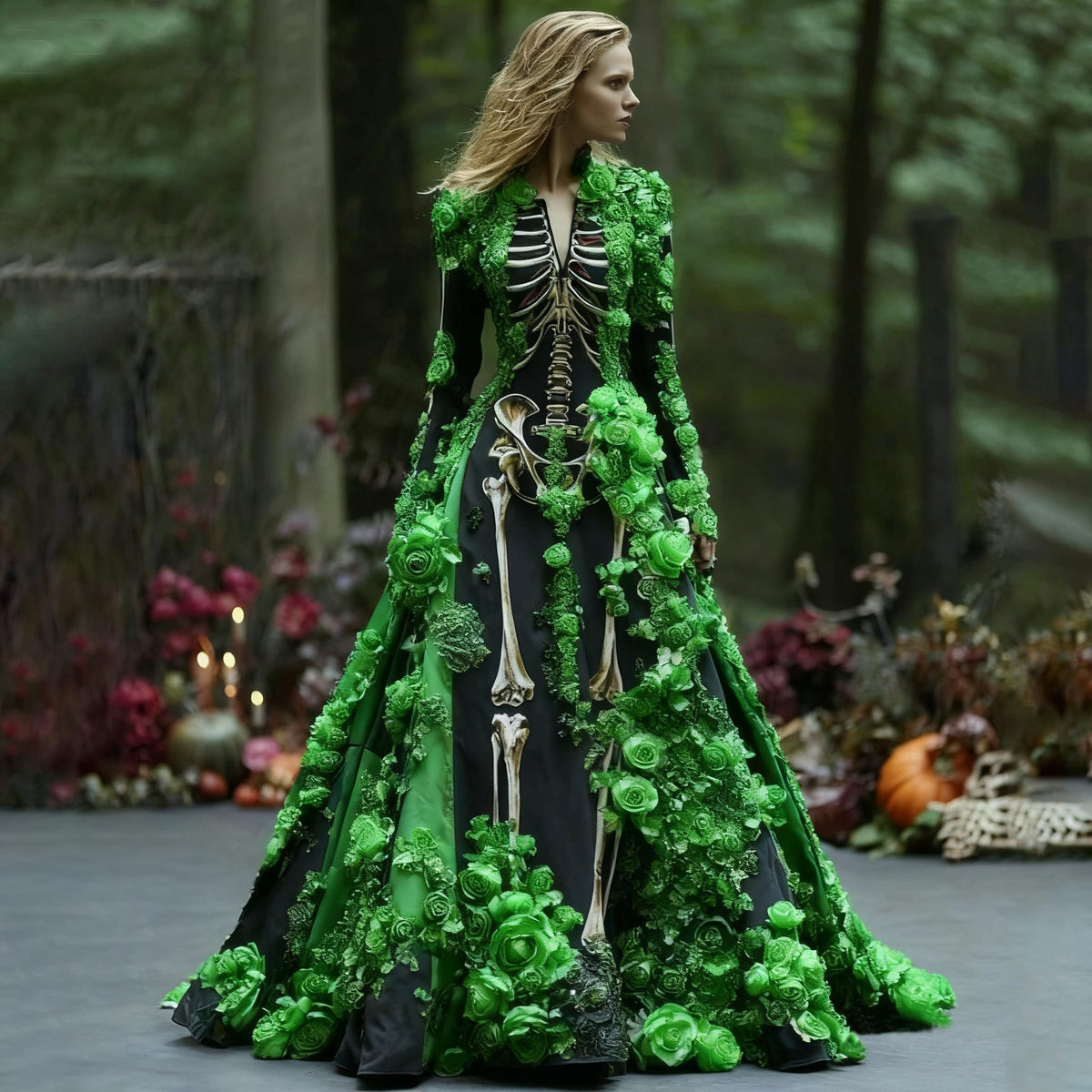 Women's Maxi Dress with Long Sleeves and Skeleton Flower Print for Halloween Parties