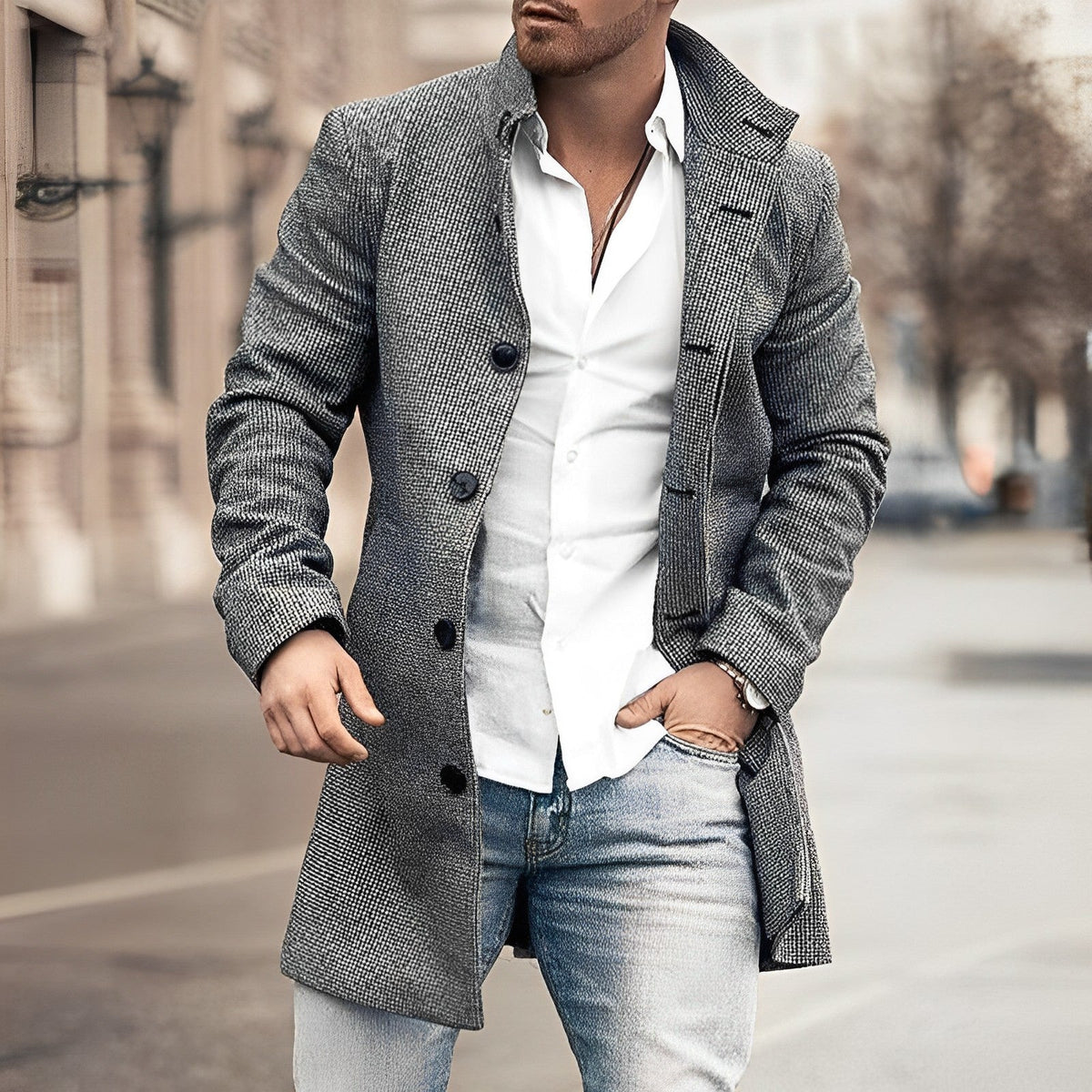 Men's Houndstooth Checkered Long Coat