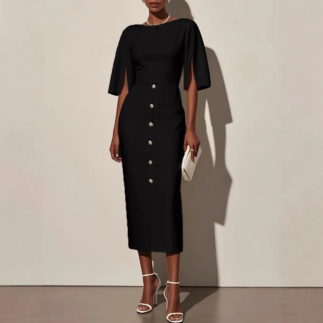 Women's Round Neck Midi Dress with Three-Quarter Sleeves and Waist Details